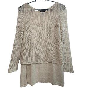 EILEEN Fisher Linen Knit Mesh Overlay Tiered Layered Sweater Size XS